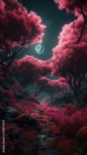 A pink scene is shown with a red tree Generative Ai
