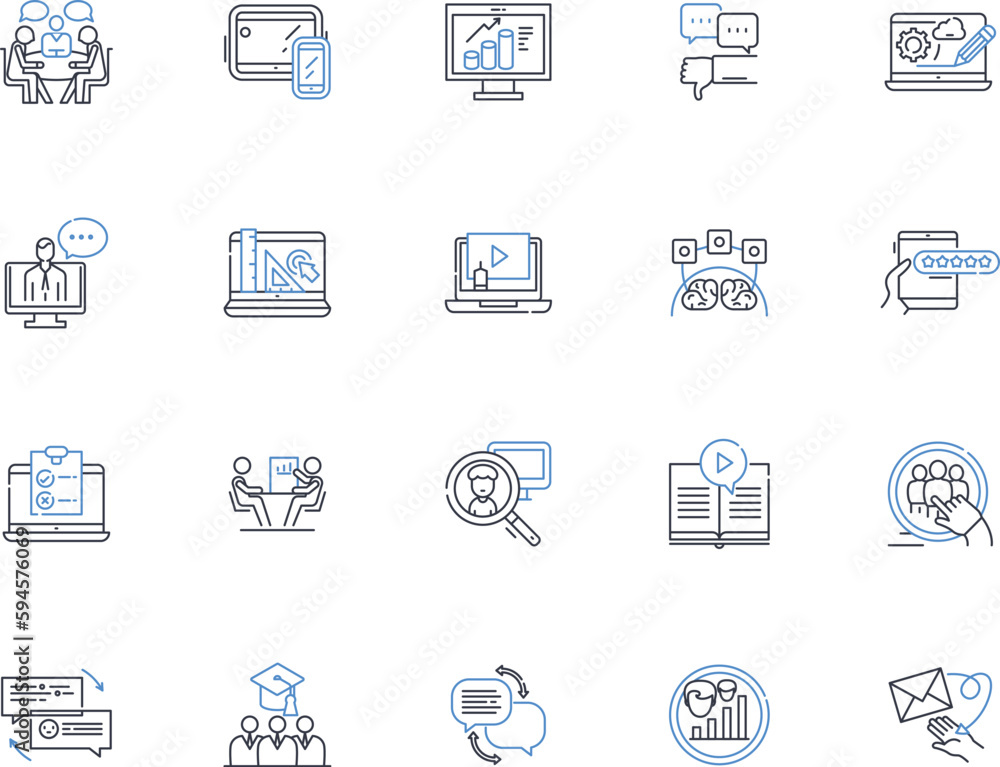 Online tutoring line icons collection. E-learning, Virtual, Education, Skype, Zoom, Distance, Internet vector and linear illustration. Knowledge,Homework,Tutor outline signs set