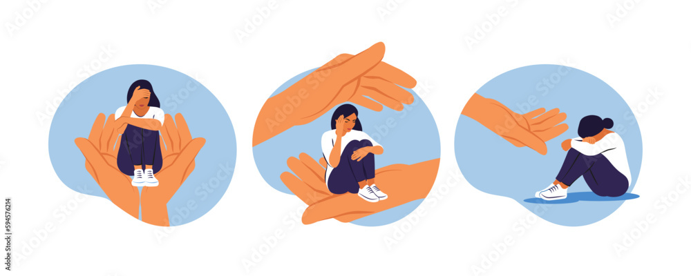 Set images with young woman character sitting on a hand palm. Help and support, a counseling session. Psychotherapy concept. Vector illustration. - obrazy, fototapety, plakaty 