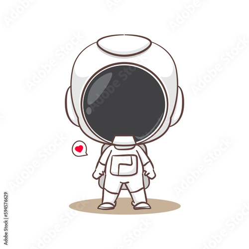 Cute astronaut standing front view cartoon character.  Space concept design. Hand drawn flat adorable chibi vector illustration. Isolated white background