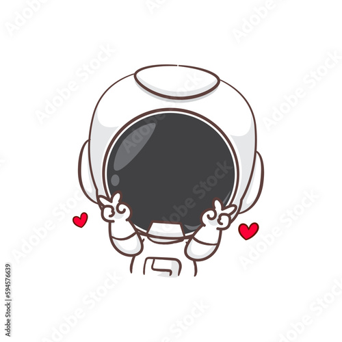 Cute astronaut with peace hand cartoon character.  Space concept design. Hand drawn flat adorable chibi vector illustration. Isolated white background