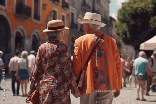 stylishly dressed retirees of European appearance walking around the city during their summer vacation, created with Generative AI Technology