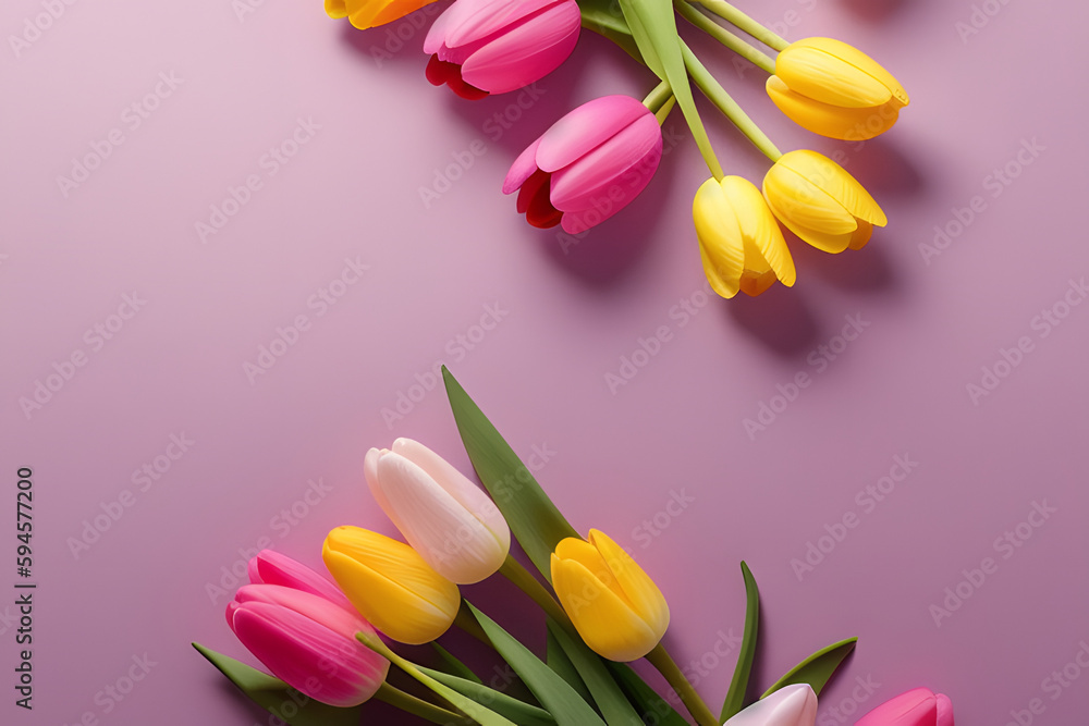 Easter celebration concept. Top view vertical photo of quail eggs and fresh tulips on isolated pastel pink background with blank space in the middle