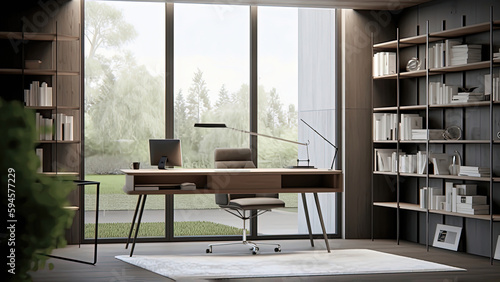 A sunlit, minimalistic home office with floor-to-ceiling windows overlooking a lush garden, featuring wooden bookcases, and a sleek wooden desk, photorealistic illustration, Generative AI