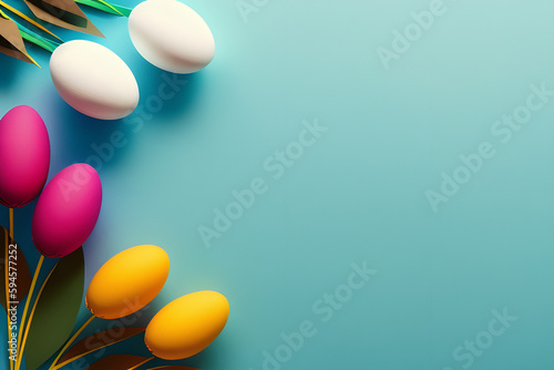 Easter composition of Easter quail eggs  flowers  paper blank over white background. Spring holidays concept with copy space. Overhead shot