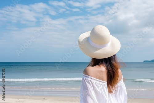 "Beach Bliss: Asian Girl in Hat Enjoying Seaside Serenity. Generative ai © Fabrizio