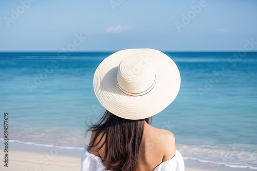 "Beach Bliss: Asian Girl in Hat Enjoying Seaside Serenity. Generative ai