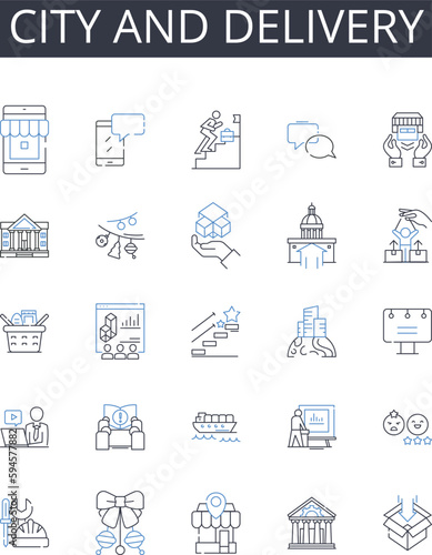 City and delivery line icons collection. Minimalism, Streamlined, Straightforward, Efficiency, Clarity, Unfussy, Precision vector and linear illustration. Uncomplicated,Pared-down,Neat outline signs
