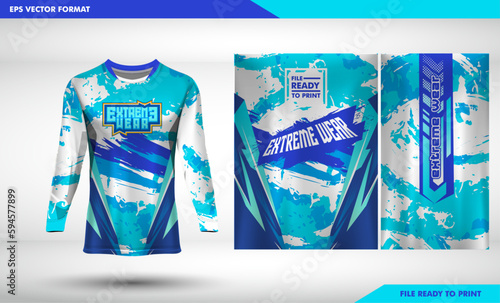 Long sleeve t-shirt design template, Motorcycle racing , mtb, grunge texture jersey mockup. gaming uniform front view. light cyan grunge texture 