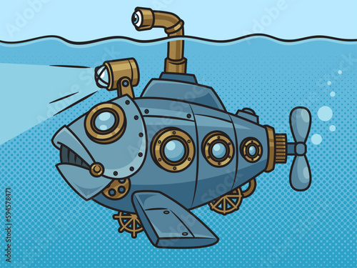 fantastic submarine in the form of mechanical big fish pinup pop art retro vector illustration. Comic book style imitation.