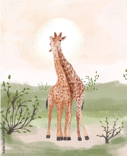 Watercolor illustration beautiful giraffes love friendship africa nature book cover
