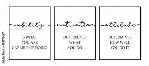 Ability, motivation, attitude. Quote 3 piece print posters. Inspirational wall art. Motivational mindset print pictures for office, home. Wall decor, poster framed. Motivational poster canvas.