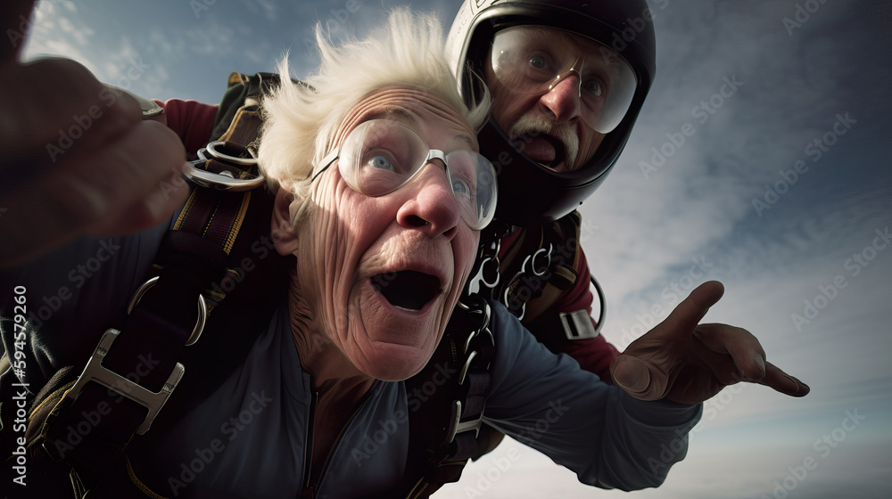 Obraz premium A fictional person. Senior Citizen and Instructor Preparing for Tandem Parachute Jump