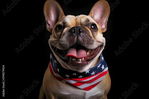 French Bulldog dog with American flag neckerchief on black background. Generative AI illustration