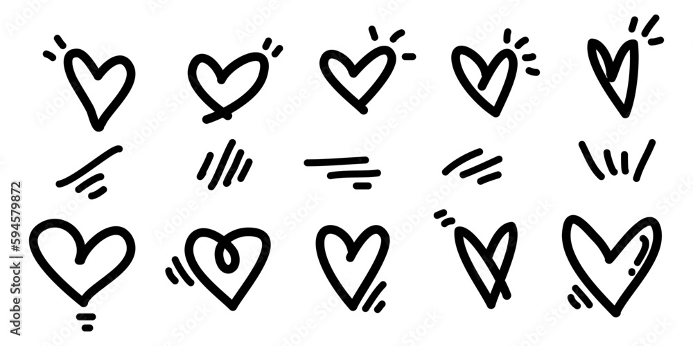 Doodle hearts in set. hand drawn style. love symbol. vector illustration