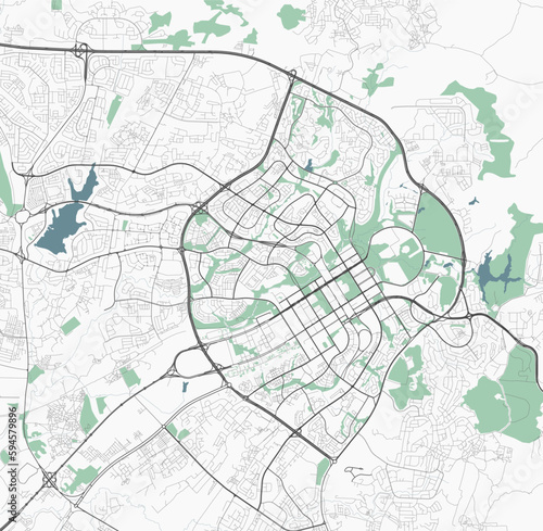 Abuja map, capital city of Nigeria. Municipal administrative area map with rivers and roads, parks and railways.