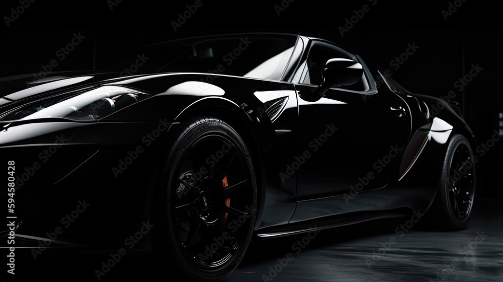 Close up front view of black sports car with copy space