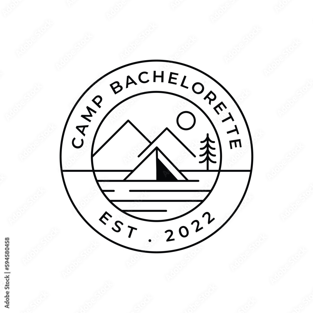 camp on mountain background with tree logo and moon isolated on emblem camp on mountain background with tree logo and moon isolated on emblem