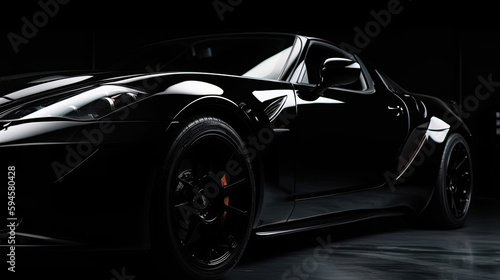 Close up front view of black sports car with copy space