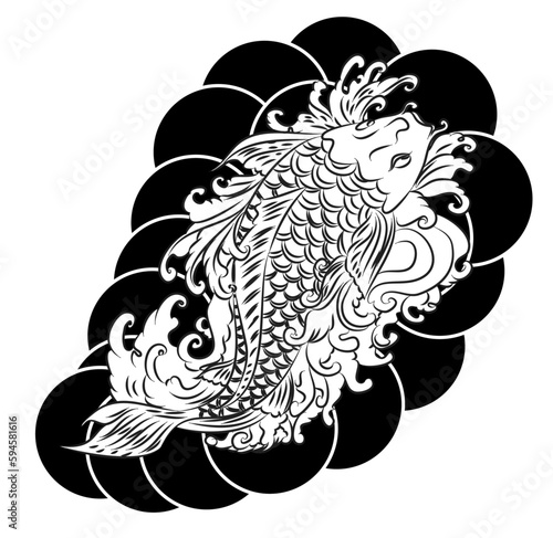 Beautiful line art Koi carp tattoo design ,colorful koi fish and flower. Idea for tattoo and coloring books.