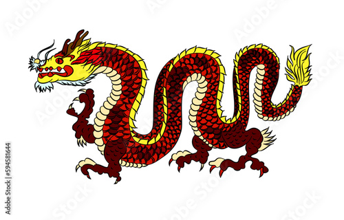 red Japanese dragon tattoo.Dragon on red background for Chinese New Year.Gold Chinese Dragon vector. Gold line art King Dragon tattoo.