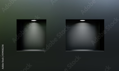 Two empty niches or shelves on black wall with led spotlight 3D mockup. Shop, gallery showcase to present product. Blank retail storage space. Interior design furniture. Living room bookshelf