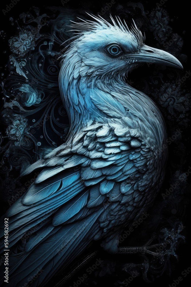 Blue and white phoenix with a red tail Generative Ai