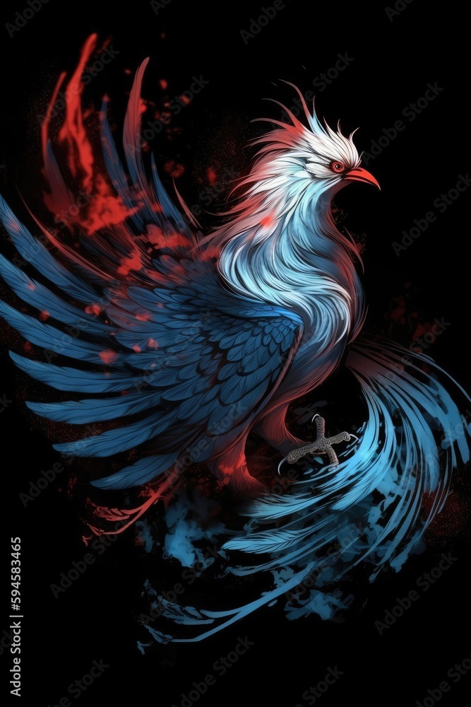 Blue and white phoenix with a red tail Generative Ai
