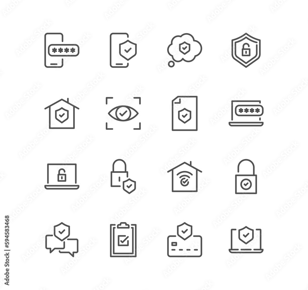 Set of security related icons, digital lock, cyber security, password, smart home, computer security, electronic key and linear variety vectors.