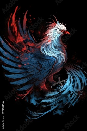 Blue and white phoenix with a red tail Generative Ai