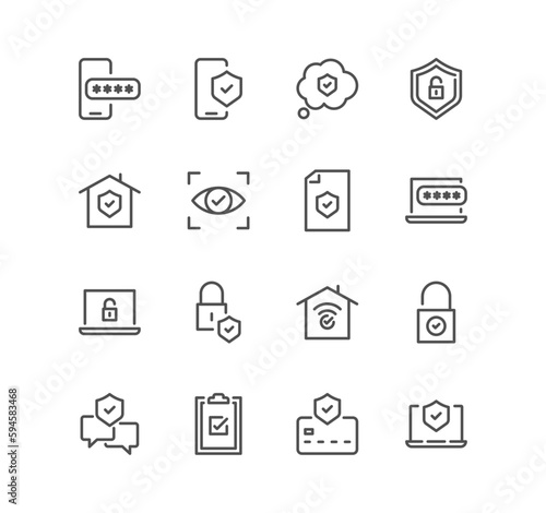 Set of security related icons, digital lock, cyber security, password, smart home, computer security, electronic key and linear variety vectors.