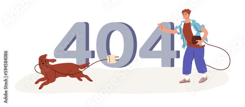 404 error, web page not found. Website access failure, wrong internet connection concept. Unloaded unavailable webpage design with funny dog. Flat vector illustration isolated on white background photo