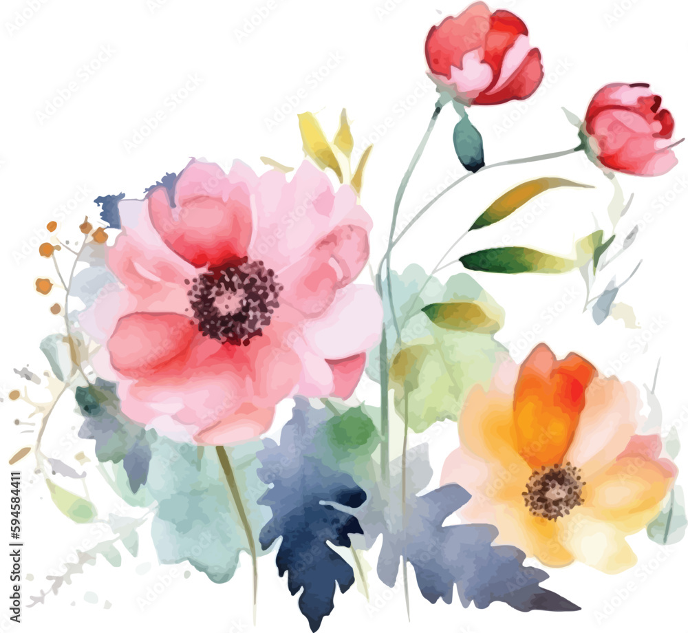 A watercolor floral bouquet with a red flower.