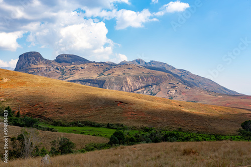 Andringitra national park, Haute Matsiatra region, Madagascar, beautiful mountain landscape with river in valley. Hiking in Andringitra mountains. Sunny day. Madagascar wilderness mountain landscape.