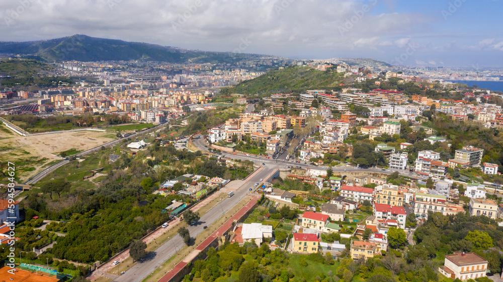 Aerial view of Bagnoli in the metropolitan city of Naples, Campania, Italy.