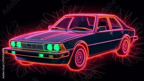 Futuristic retro wave synth wave car Retro sport car. Sports Car Illustration. Generative AI