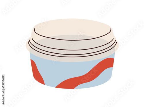 Takeaway round-shaped box closed with plastic transparent lid. Cardboard pack...