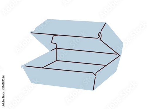 Fast food box, empty delivery cardboard package. Take-away paper pack for takeaway burger, takeout food. Open disposable container with lid. Flat vector illustration isolated on white background