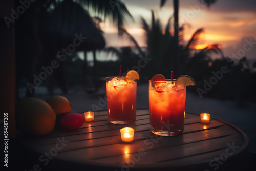 Summer cocktails into a luxury tropical beach resort at sunset. Generative AI.