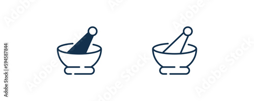 mortar with mace icon. Outline and filled mortar with mace icon from restaurant collection. Line and glyph vector isolated on white background. Editable mortar with mace symbol.
