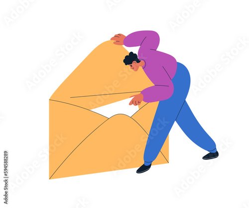 Receiving and opening letter, looking into paper envelope. Tiny person getting message. Email, e-mail correspondence, newsletter concept. Flat vector illustration isolated on white background