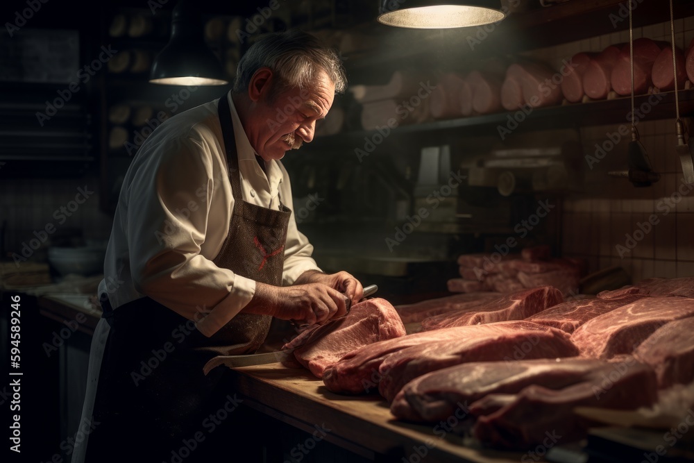 Butcher working in a butcher shop. Created with generative AI ...