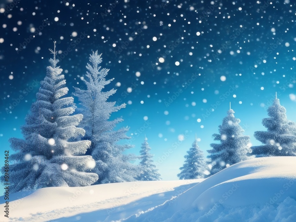 Natural Winter Christmas background with blue sky, heavy snowfall, snowflakes in different shapes and forms, snowdrifts. Winter landscape with falling christmas shining beautiful snow