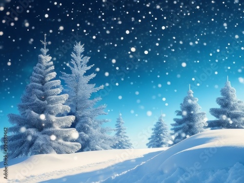 Natural Winter Christmas background with blue sky, heavy snowfall, snowflakes in different shapes and forms, snowdrifts. Winter landscape with falling christmas shining beautiful snow © Universeal