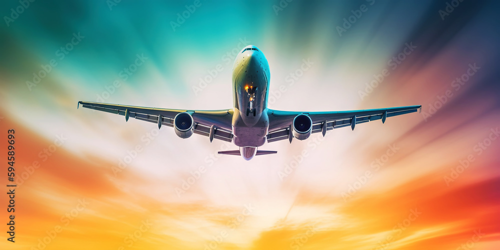 Passengers commercial airplane flying above clouds on sunset. Airliner in flight. Generative AI Passengers commercial airplane flying above clouds on sunset. Airliner in flight. Generative AI