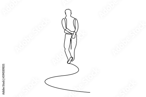 thoughtful man sad depressed alone walking backwards behind rear view line art