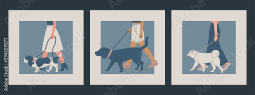 Dog Show or Competition. The man keeps the dog on a leash. Set of vector illustrations.