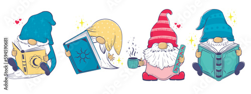 Clipart collection with Cute cartoon gnomes with books.