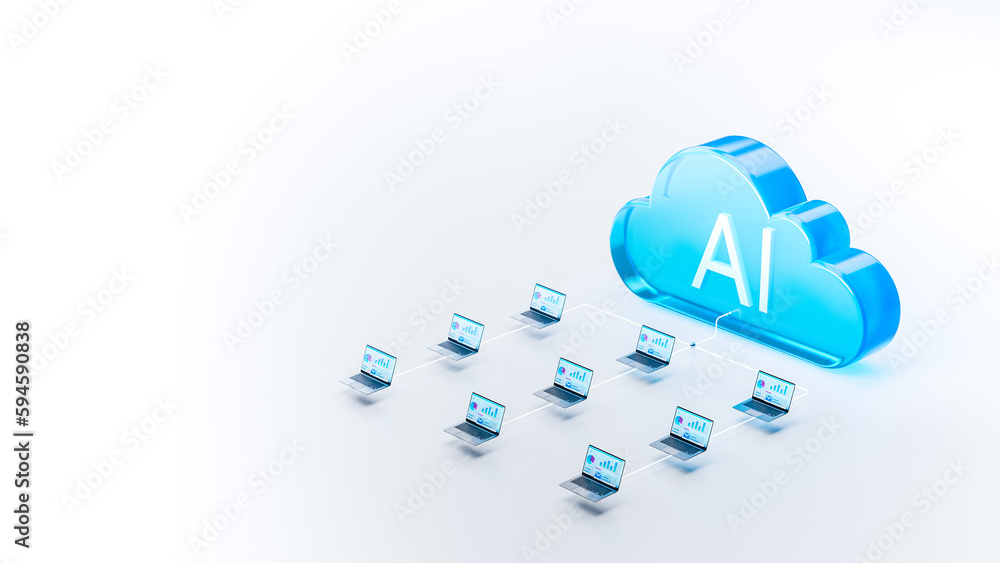 3D illustration: Concept of Artificial Intelligence Driven Cloud Computing. Network of Laptop Computers with Charts Connected to an AI Cloud.  An Illustration has White Blank Space for Text.