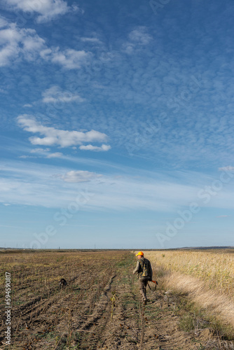 Mature man hunter with gun while walking on field. © Budjak Studio